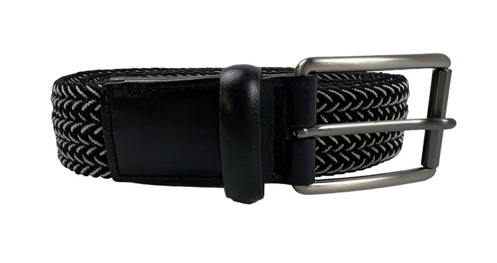 John Henry Belt Mens 38 Braided Black White Stretch Full Grain Leather